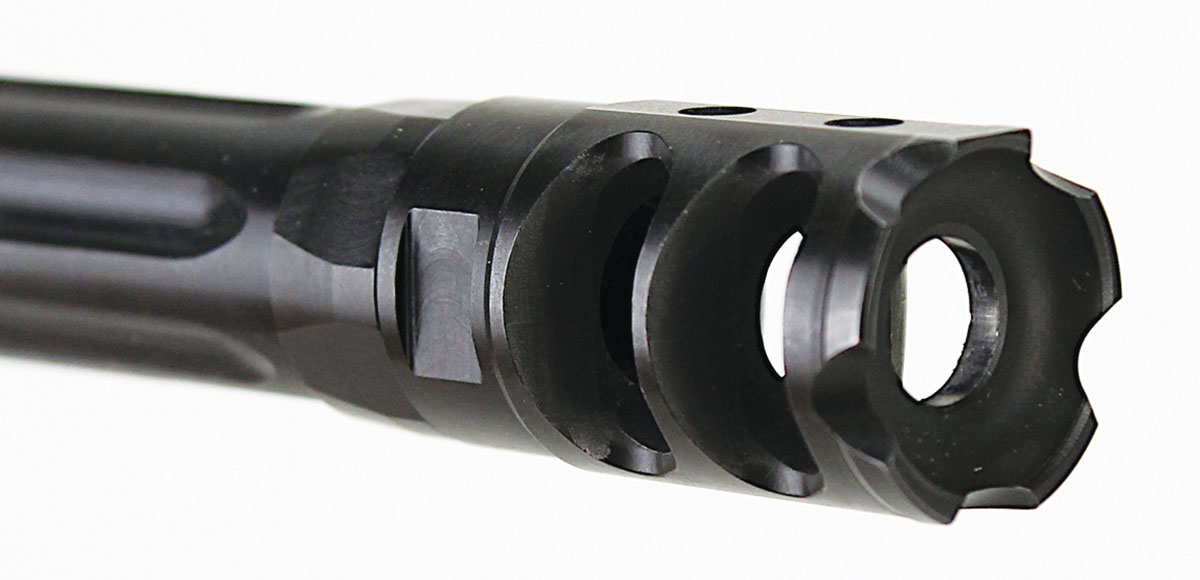 Threaded at 1⁄2x28, a suppressor can readily replace the muzzle brake.